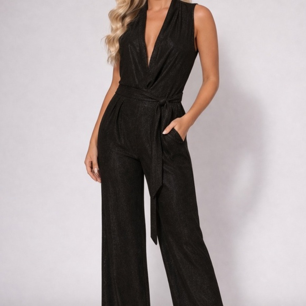 Taylor Black Glitter Sleeveless Jumpsuit with Tie Waist